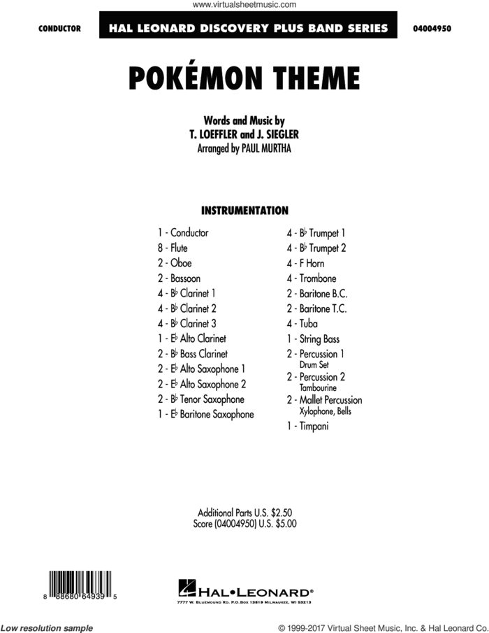 Pokemon Theme (COMPLETE) sheet music for concert band by Paul Murtha, J. Siegler and T. Loeffler, intermediate skill level