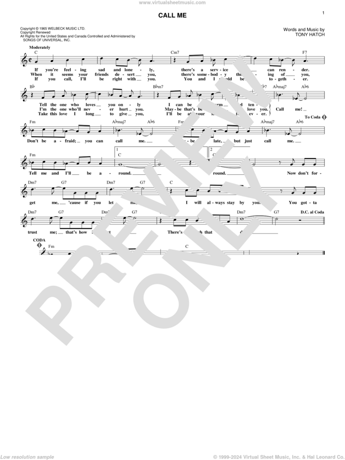 Call Me sheet music for voice and other instruments (fake book) by Tony Hatch and California Chris Montez, intermediate skill level