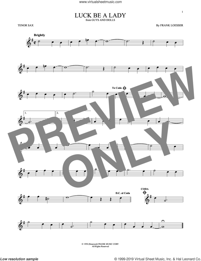 Luck Be A Lady sheet music for tenor saxophone solo by Frank Loesser, intermediate skill level