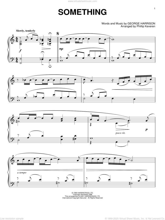 Something (arr. Phillip Keveren) sheet music for piano solo by The Beatles, Phillip Keveren and George Harrison, intermediate skill level
