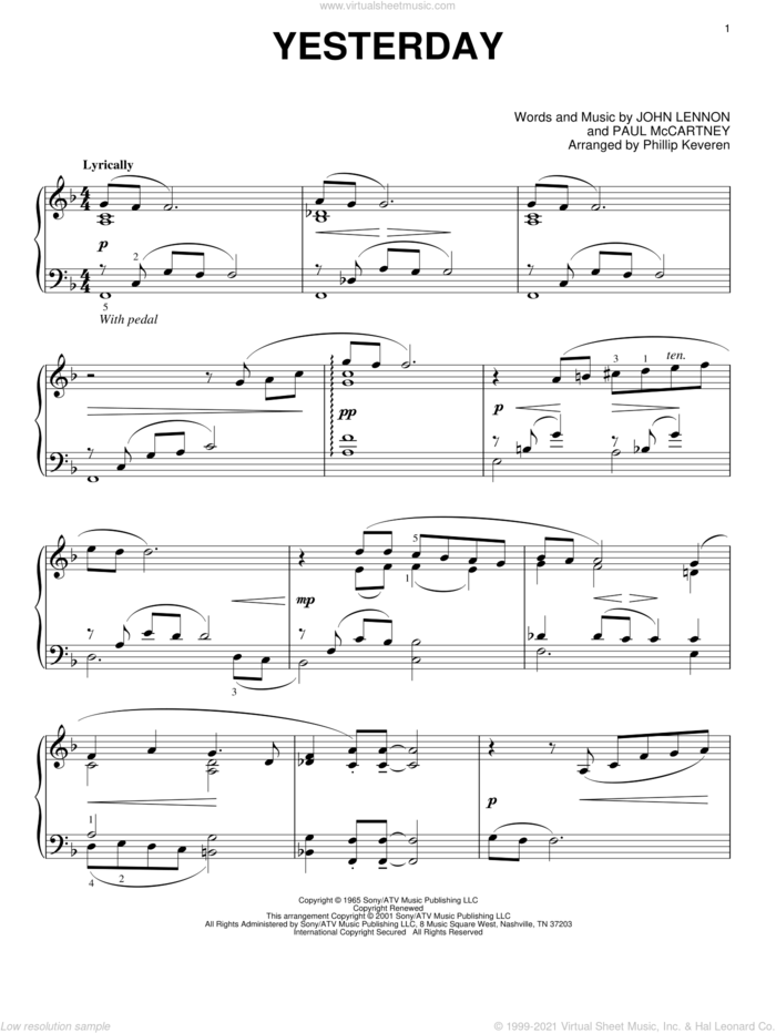 Yesterday (arr. Phillip Keveren) sheet music for piano solo by The Beatles, Phillip Keveren, John Lennon and Paul McCartney, intermediate skill level