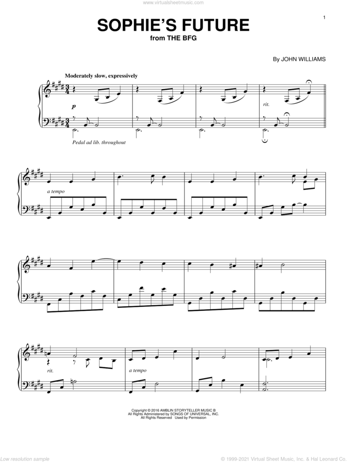 Sophie's Future sheet music for piano solo by John Williams, intermediate skill level