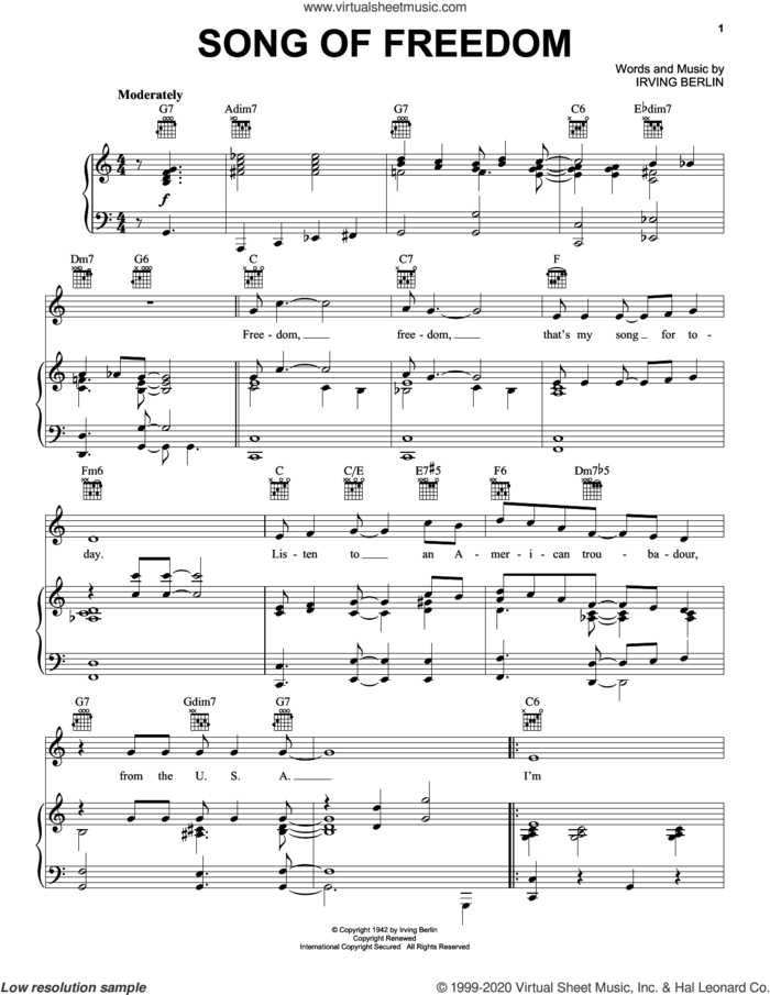 Song Of Freedom sheet music for voice, piano or guitar by Irving Berlin, intermediate skill level
