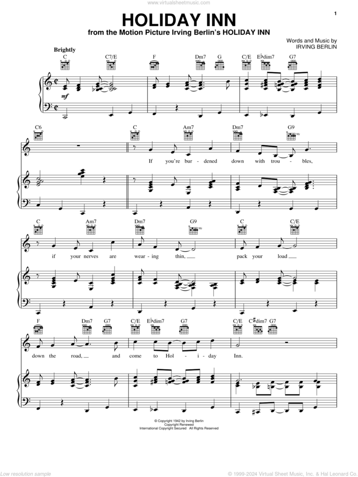 Holiday Inn sheet music for voice, piano or guitar by Irving Berlin, intermediate skill level