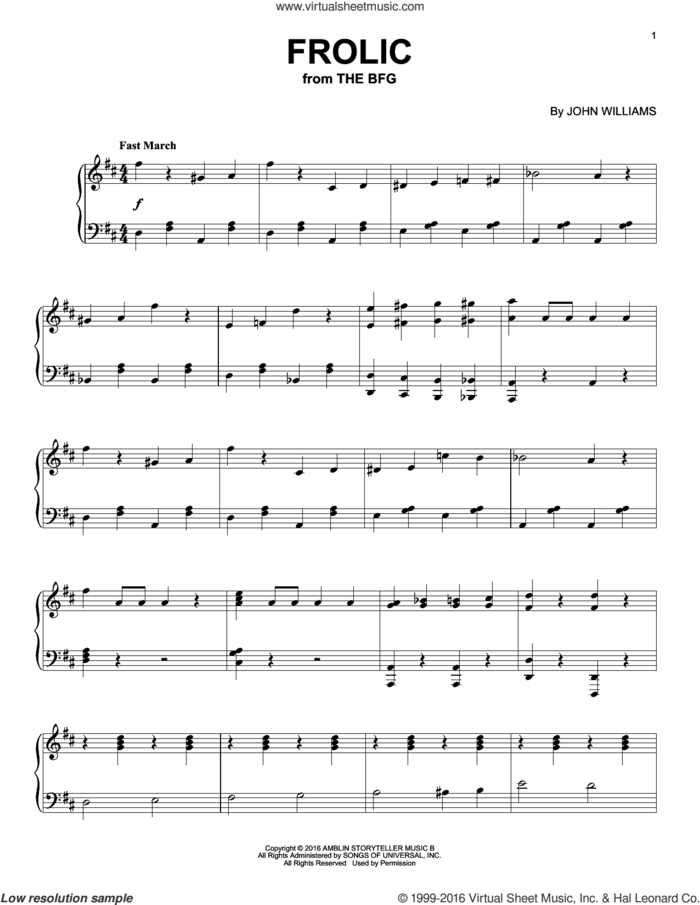 Frolic sheet music for piano solo by John Williams, intermediate skill level