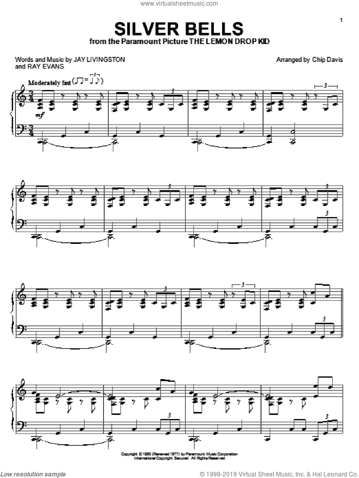 Silver Bells sheet music for piano solo by Mannheim Steamroller, Chip Davis, Jay Livingston and Ray Evans, intermediate skill level