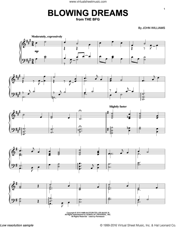 Blowing Dreams sheet music for piano solo by John Williams, intermediate skill level