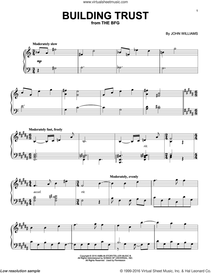 Building Trust sheet music for piano solo by John Williams, intermediate skill level