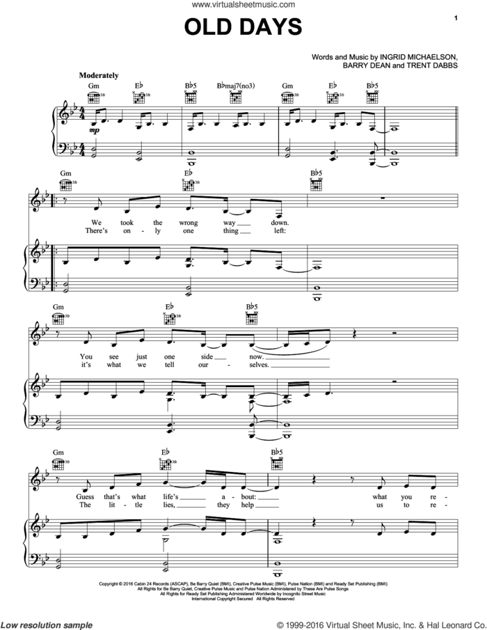 Old Days sheet music for voice, piano or guitar by Ingrid Michaelson, Barry Dean and Trent Dabbs, intermediate skill level
