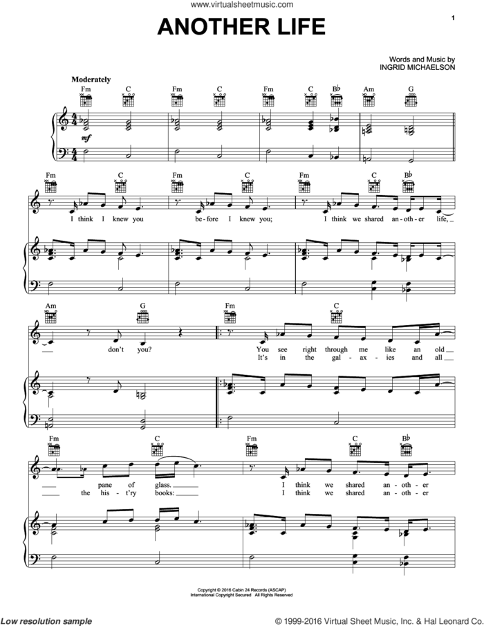 Another Life sheet music for voice, piano or guitar by Ingrid Michaelson, intermediate skill level
