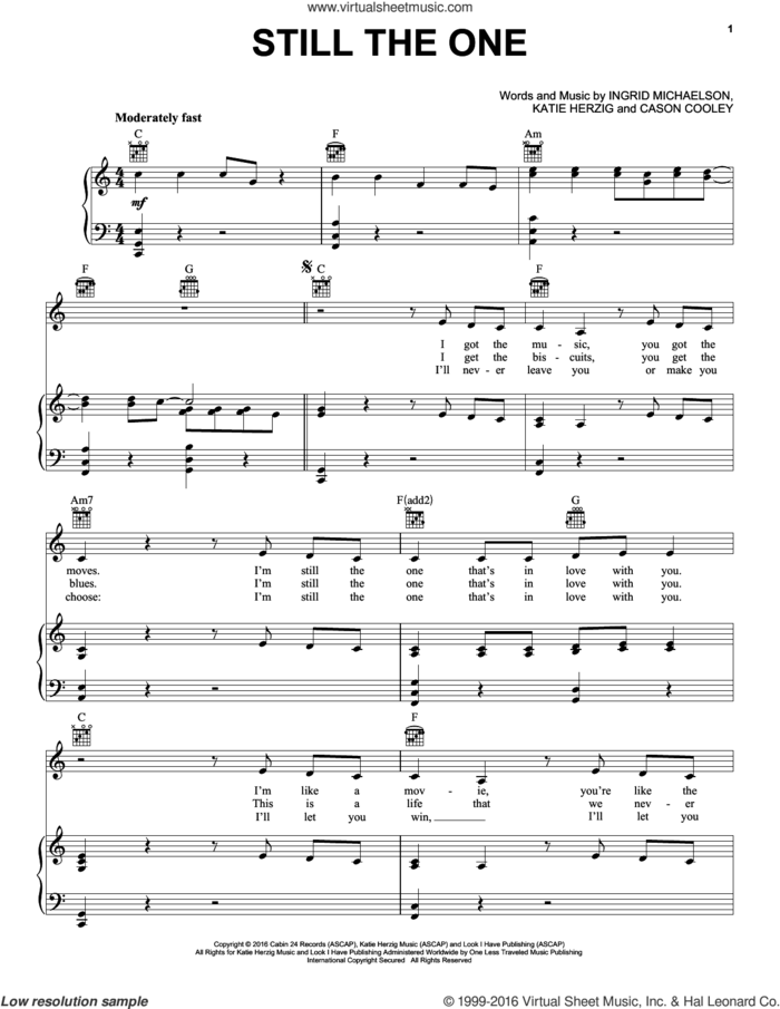 Still The One sheet music for voice, piano or guitar by Ingrid Michaelson, Cason Cooley and Katie Herzig, intermediate skill level