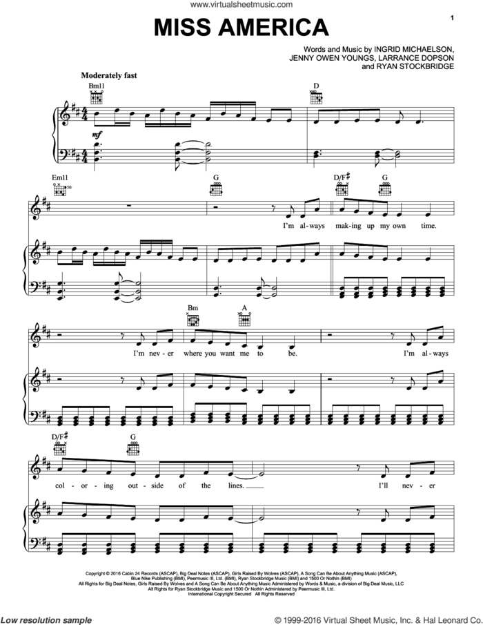 Miss America sheet music for voice, piano or guitar by Ingrid Michaelson, Jenny Owen Youngs, Larrance Dopson and Ryan Stockbridge, intermediate skill level