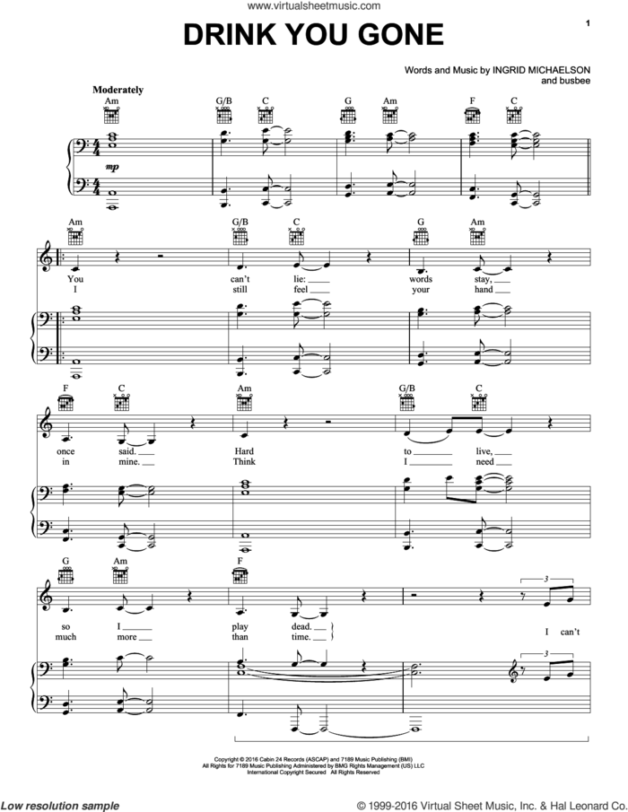 Drink You Gone sheet music for voice, piano or guitar by Ingrid Michaelson and busbee, intermediate skill level