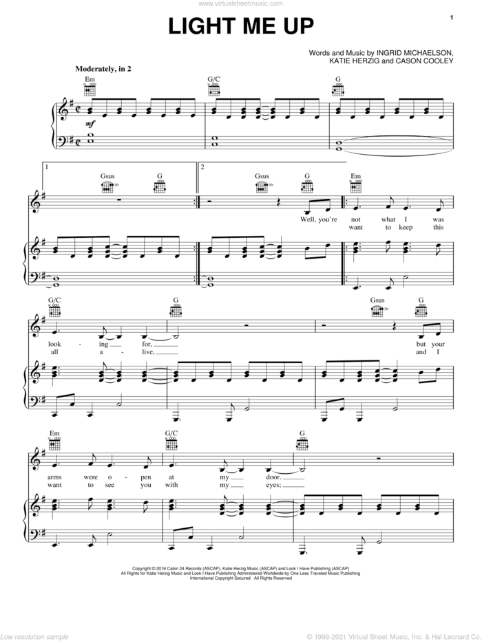 Light Me Up sheet music for voice, piano or guitar by Ingrid Michaelson, Cason Cooley and Katie Herzig, intermediate skill level