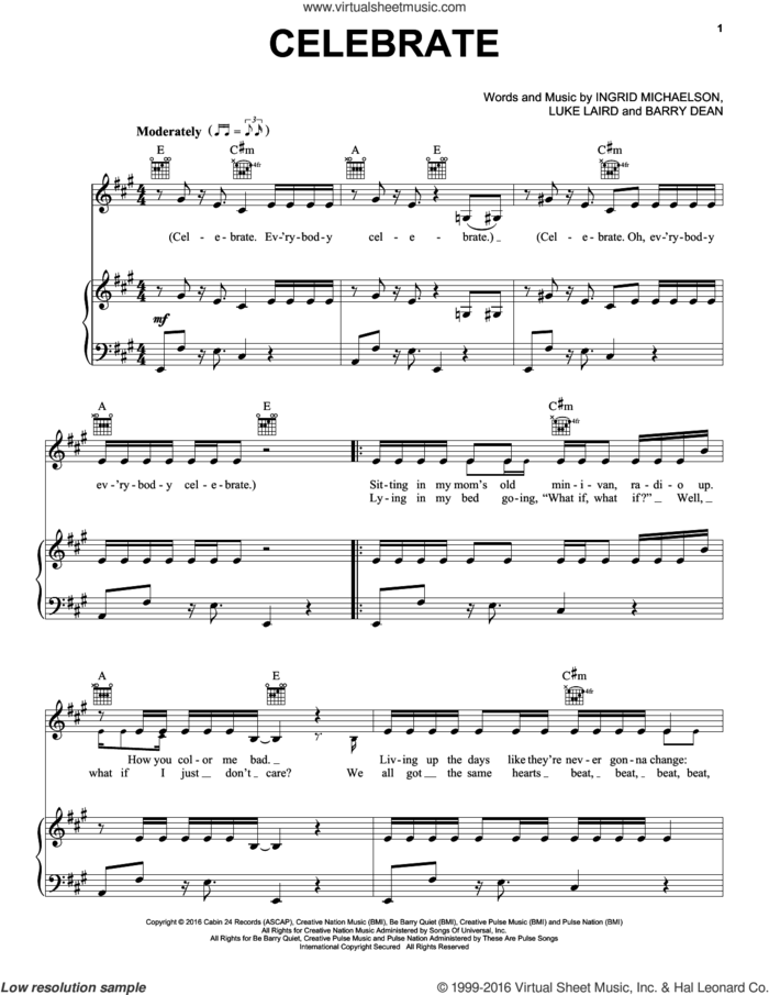 Celebrate sheet music for voice, piano or guitar by Ingrid Michaelson, Barry Dean and Luke Laird, intermediate skill level
