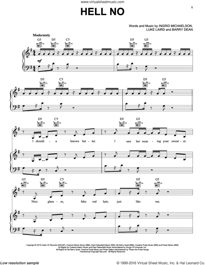 Hell No sheet music for voice, piano or guitar by Ingrid Michaelson, Barry Dean and Luke Laird, intermediate skill level