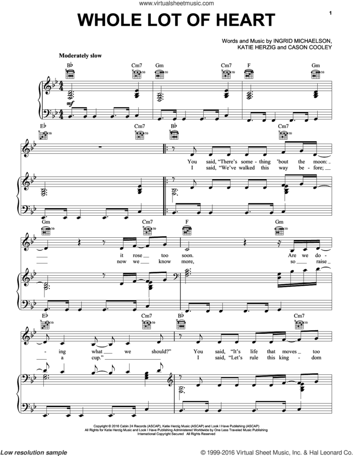 Whole Lot Of Heart sheet music for voice, piano or guitar by Ingrid Michaelson, Cason Cooley and Katie Herzig, intermediate skill level