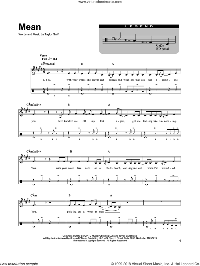 Mean (for Acoustic Guitar, Voice and Cajon) sheet music for drums by Taylor Swift, intermediate skill level
