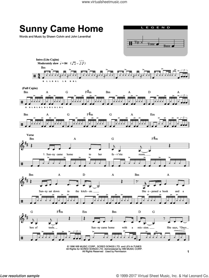 Sunny Came Home (for Acoustic Guitar, Voice and Cajon) sheet music for drums by Shawn Colvin and John Leventhal, intermediate skill level