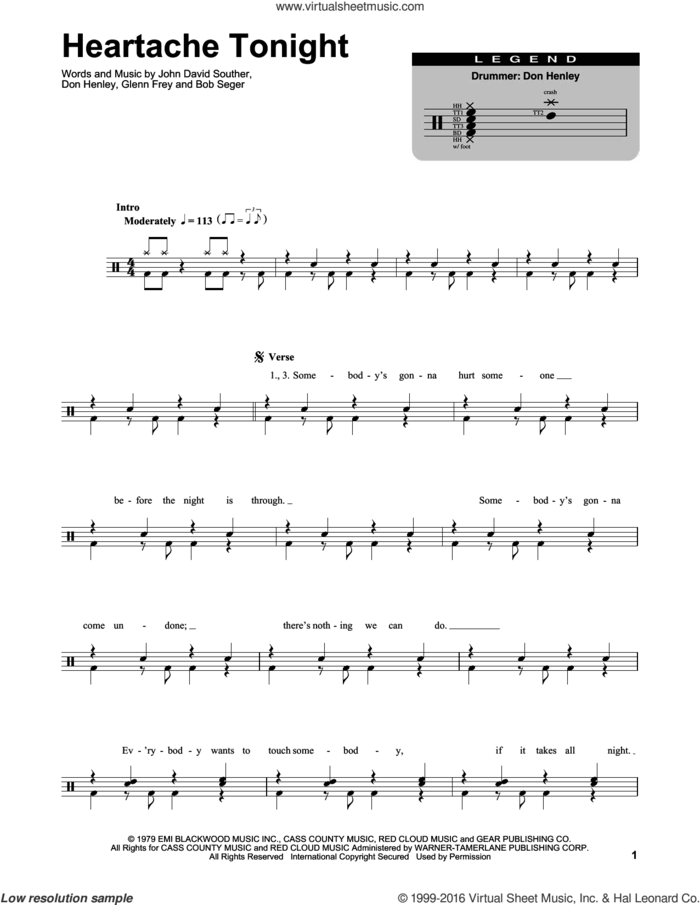 Heartache Tonight sheet music for drums by Bob Seger, The Eagles, Don Henley, Glenn Frey and John David Souther, intermediate skill level