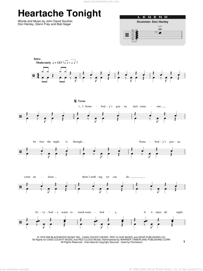 Heartache Tonight sheet music for drums by Bob Seger, The Eagles, Don Henley, Glenn Frey and John David Souther, intermediate skill level