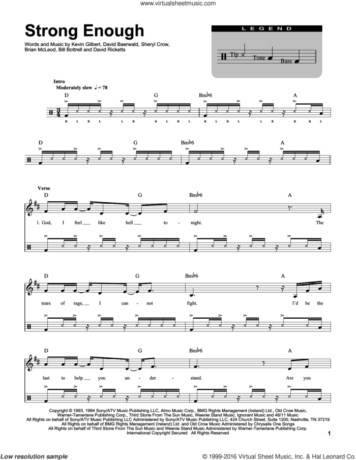 Strong Enough (for Acoustic Guitar, Voice and Cajon) sheet music for drums by Sheryl Crow, Bill Bottrell, Brian MacLeod, David Baerwald, David Ricketts and Kevin Gilbert, intermediate skill level