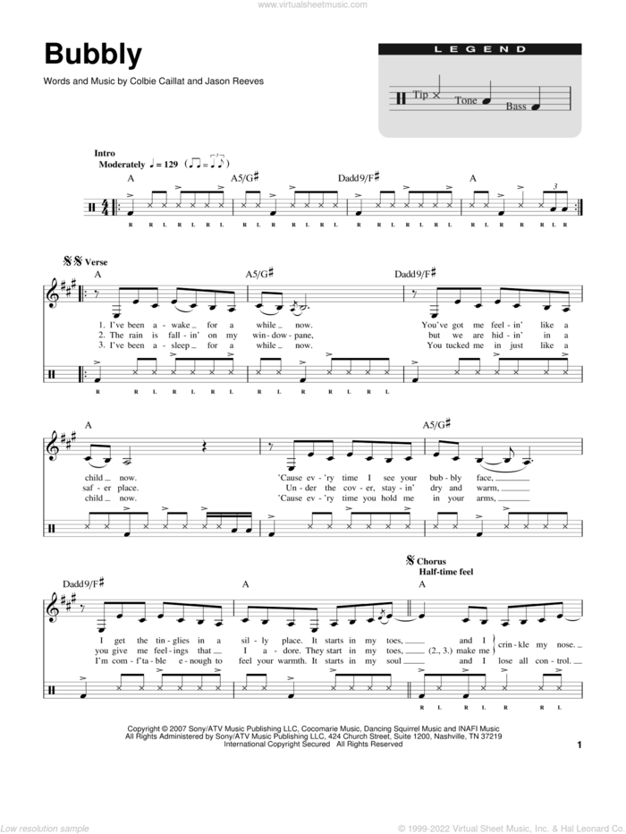Bubbly (for Acoustic Guitar, Voice and Cajon) sheet music for drums by Colbie Caillat and Jason Reeves, intermediate skill level