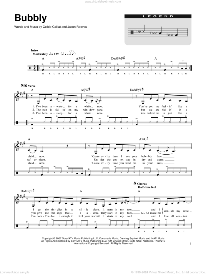 Bubbly (for Acoustic Guitar, Voice and Cajon) sheet music for drums by Colbie Caillat and Jason Reeves, intermediate skill level