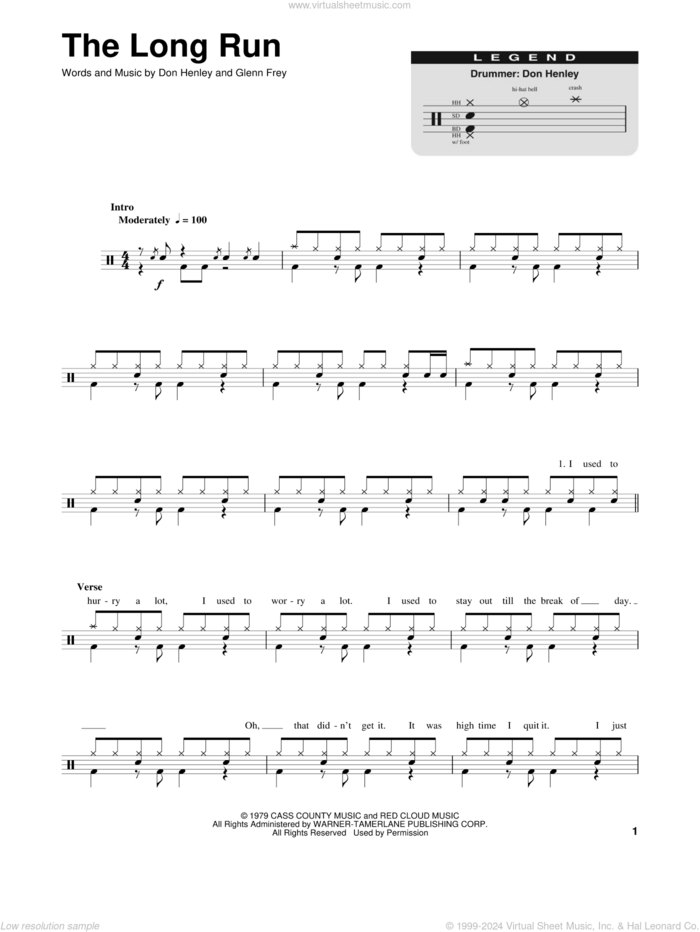 The Long Run sheet music for drums by Glenn Frey, The Eagles and Don Henley, intermediate skill level