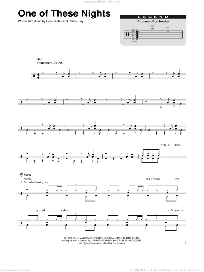 One Of These Nights sheet music for drums by Glenn Frey, The Eagles and Don Henley, intermediate skill level