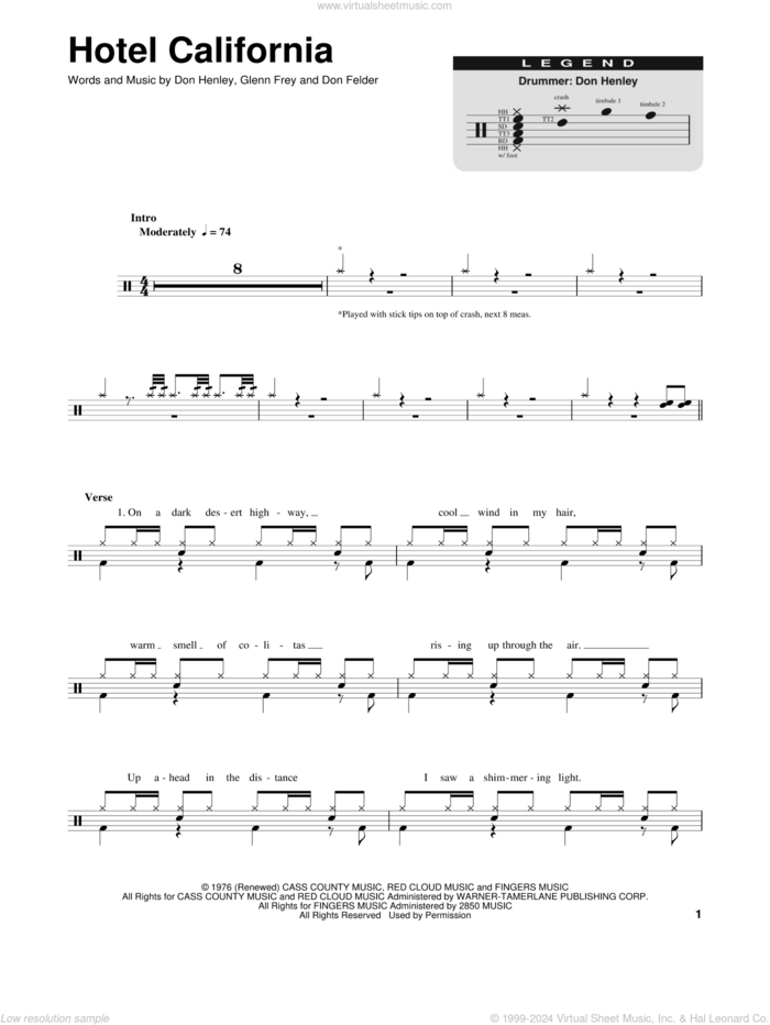 Hotel California sheet music for drums by Glenn Frey, The Eagles, Don Felder and Don Henley, intermediate skill level