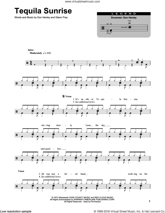 Tequila Sunrise sheet music for drums by Don Henley, The Eagles and Glenn Frey, intermediate skill level