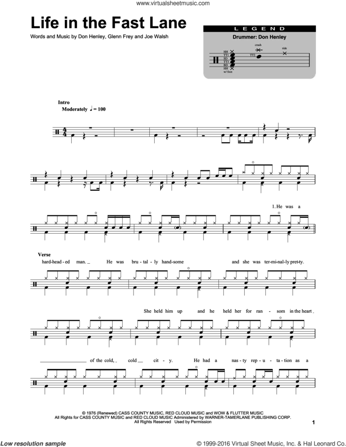 Life In The Fast Lane sheet music for drums by Don Henley, The Eagles, Glenn Frey and Joe Walsh, intermediate skill level