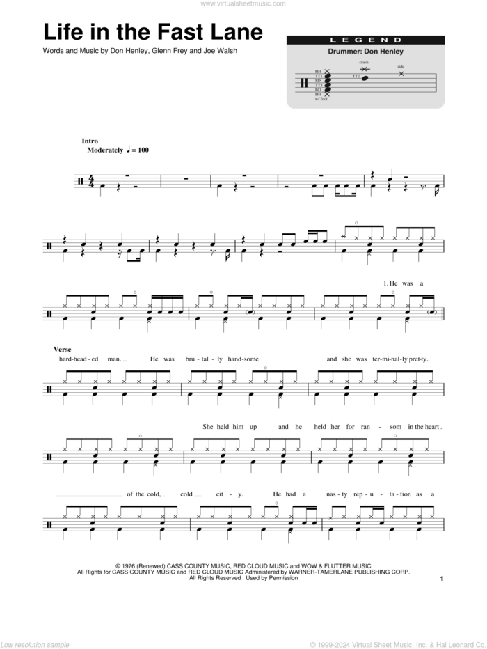 Life In The Fast Lane sheet music for drums by Glenn Frey, The Eagles, Don Henley and Joe Walsh, intermediate skill level