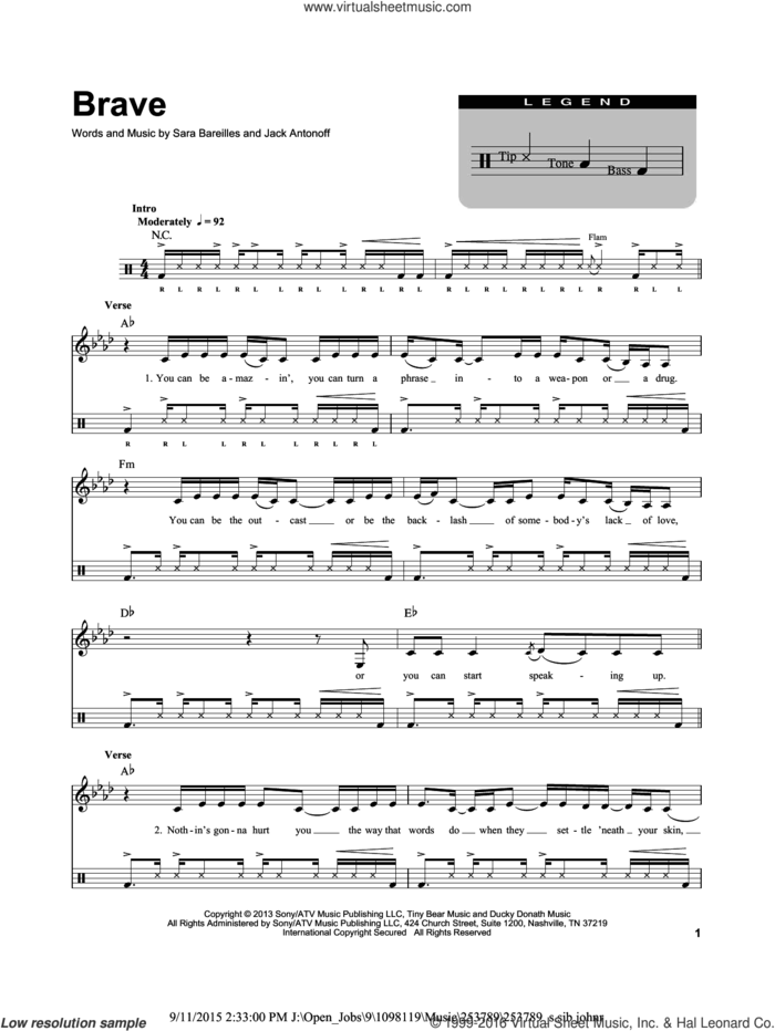 Brave (for Acoustic Guitar, Voice and Cajon) sheet music for drums by Sara Bareilles and Jack Antonoff, intermediate skill level