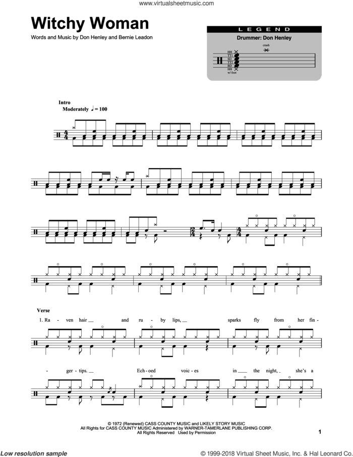 Witchy Woman sheet music for drums by Don Henley, The Eagles and Bernie Leadon, intermediate skill level