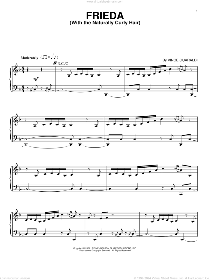 Frieda (With The Naturally Curly Hair), (intermediate) sheet music for piano solo by Vince Guaraldi, intermediate skill level