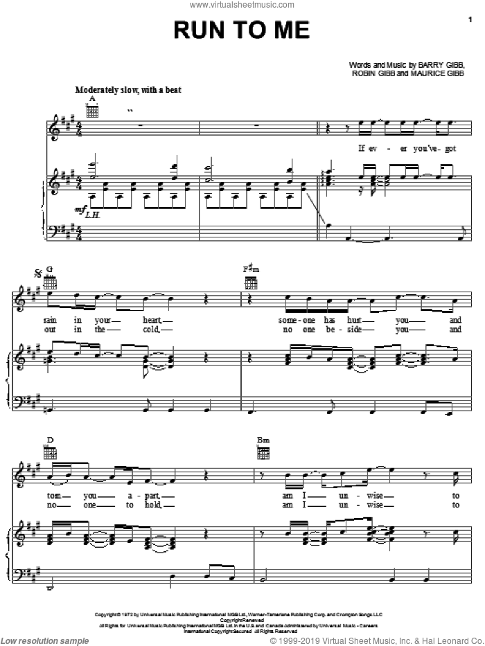 Run To Me sheet music for voice, piano or guitar by Bee Gees, Barry Gibb, Maurice Gibb and Robin Gibb, intermediate skill level