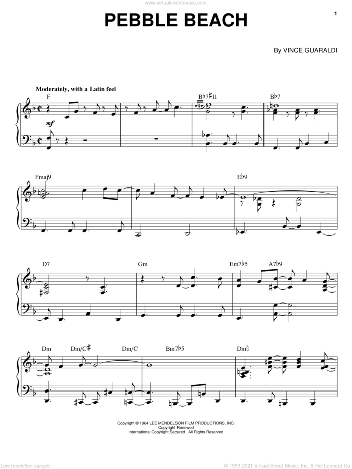 The Pebble Beach Theme sheet music for piano solo by Vince Guaraldi, intermediate skill level