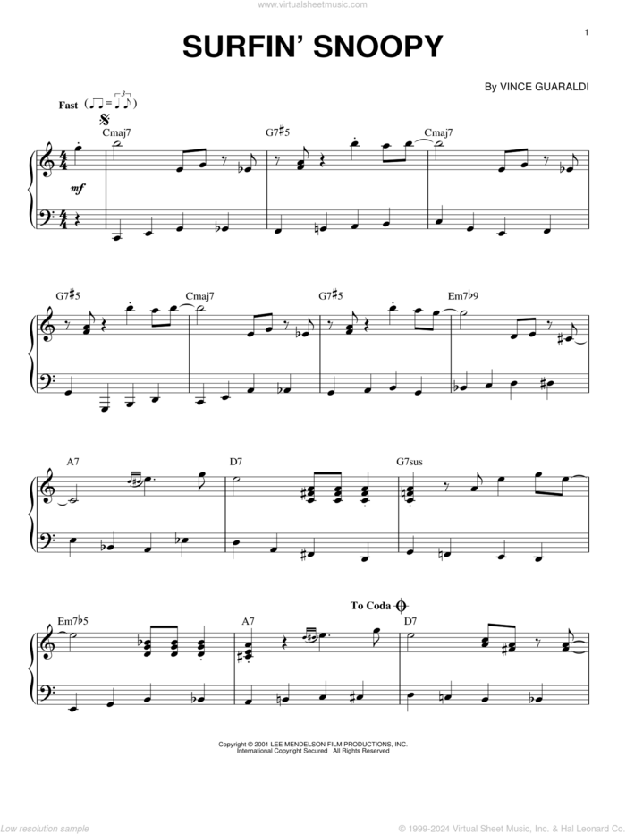 Surfin' Snoopy sheet music for piano solo by Vince Guaraldi, intermediate skill level
