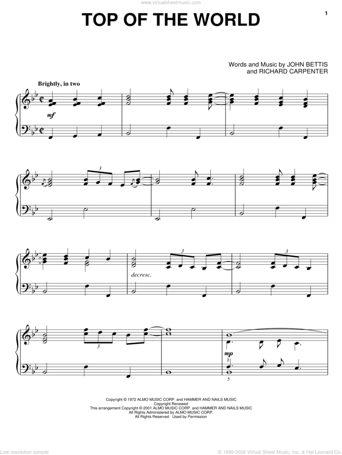 Top Of The World sheet music for piano solo by Carpenters, John Bettis and Richard Carpenter, intermediate skill level