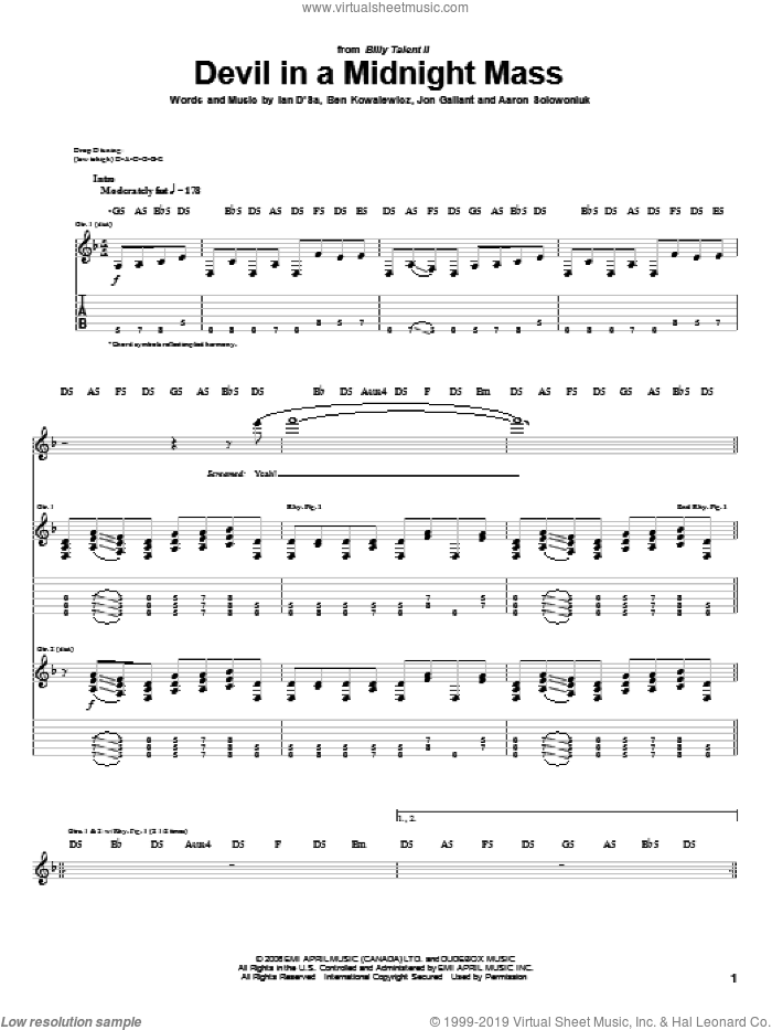 Devil In A Midnight Mass sheet music for guitar (tablature) by Billy Talent, Aaron Solowoniuk, Ben Kowalewicz and Jon Gallant, intermediate skill level
