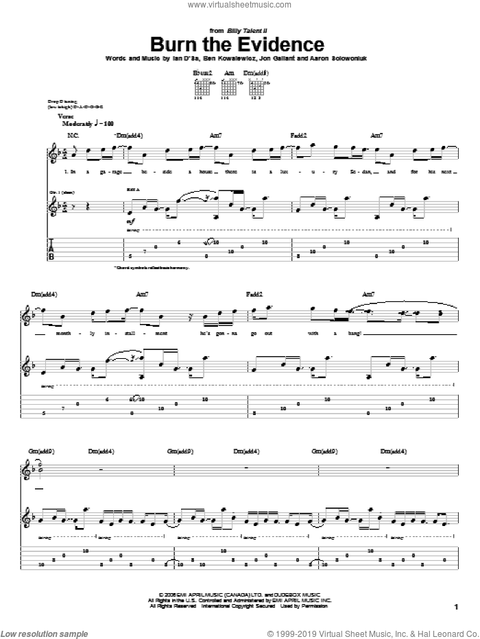 Burn The Evidence sheet music for guitar (tablature) by Billy Talent, Aaron Solowoniuk, Ben Kowalewicz and Jon Gallant, intermediate skill level