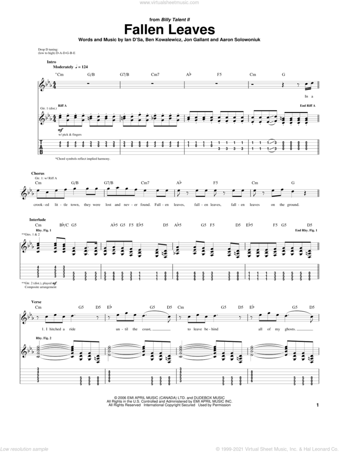 Fallen Leaves sheet music for guitar (tablature) by Billy Talent, Aaron Solowoniuk, Ben Kowalewicz and Jon Gallant, intermediate skill level