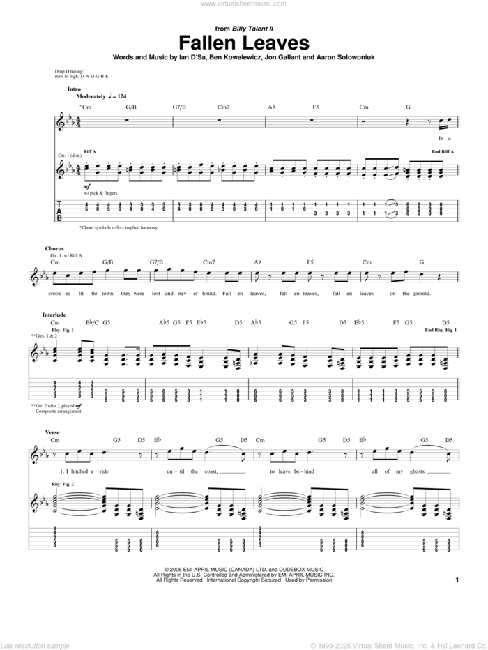 Fallen Leaves sheet music for guitar (tablature) by Billy Talent, Aaron Solowoniuk, Ben Kowalewicz and Jon Gallant, intermediate skill level