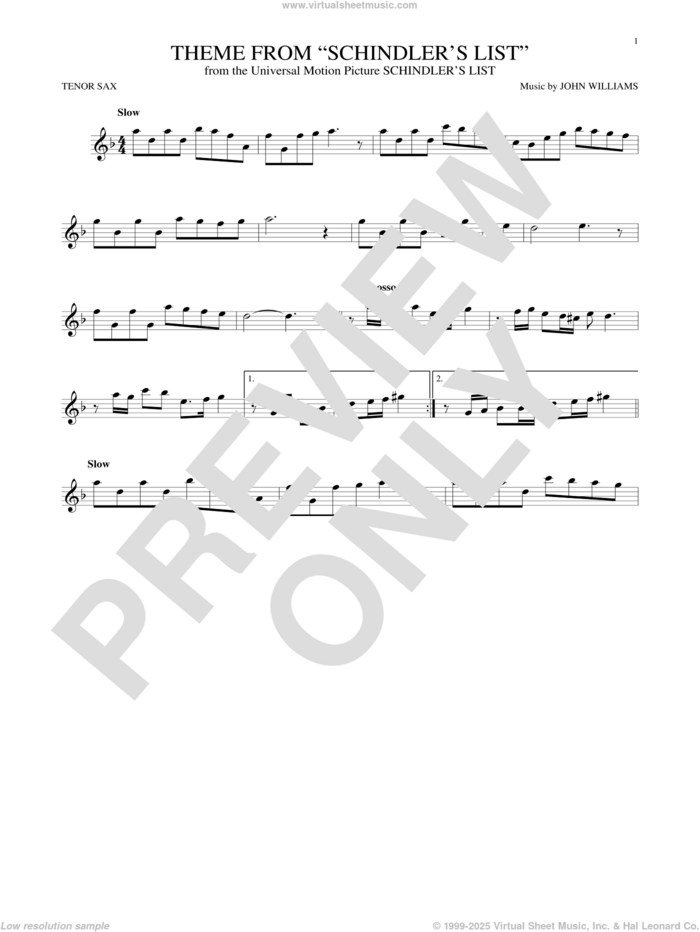 Theme From Schindler's List sheet music for tenor saxophone solo by John Williams, intermediate skill level