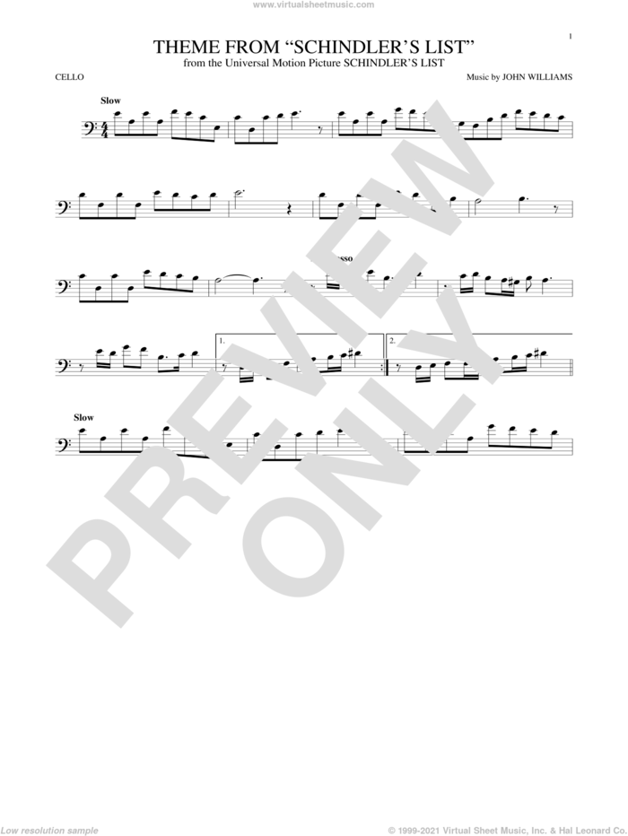 Theme From Schindler's List sheet music for cello solo by John Williams, intermediate skill level