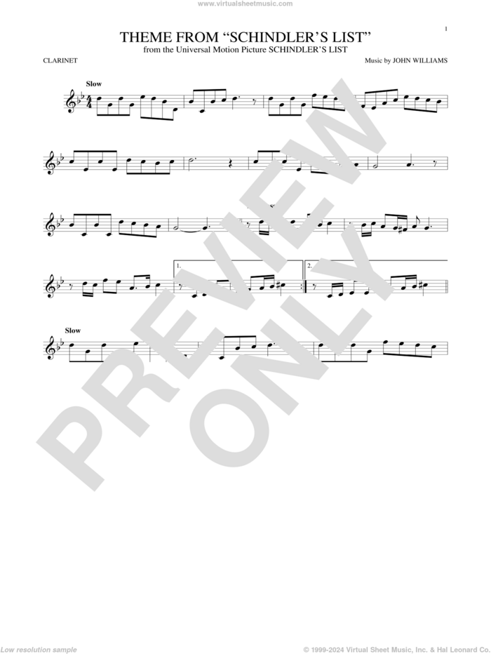 Theme From Schindler's List sheet music for clarinet solo by John Williams, intermediate skill level