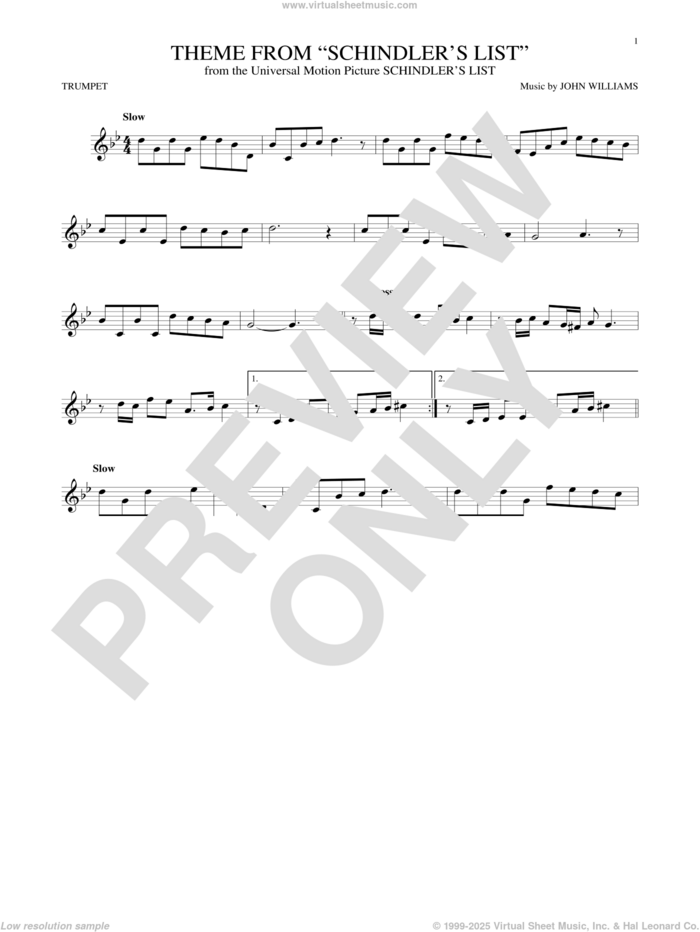 Theme From Schindler's List sheet music for trumpet solo by John Williams, intermediate skill level