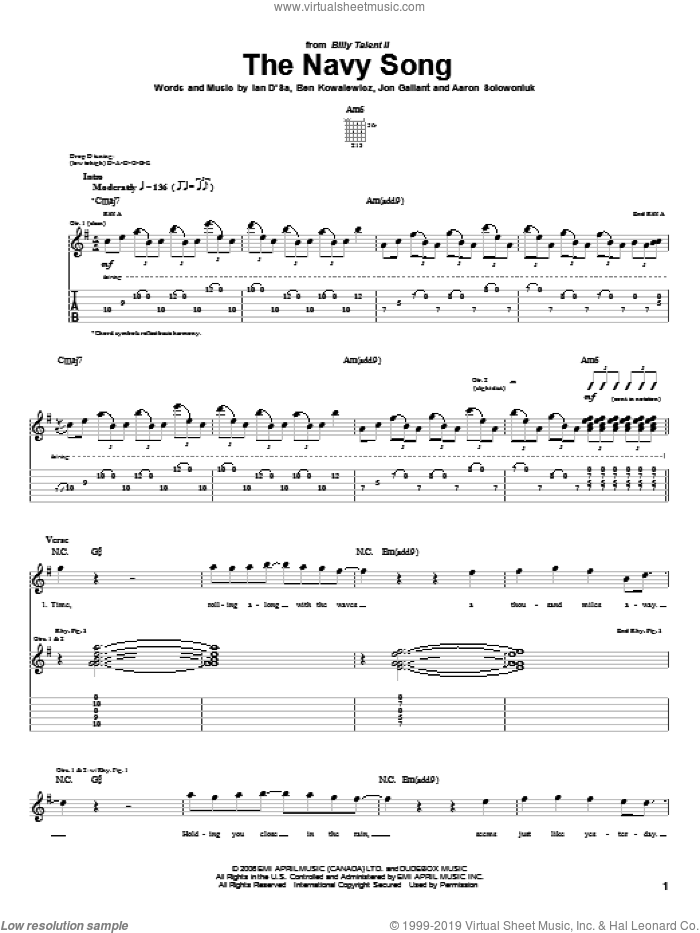 The Navy Song sheet music for guitar (tablature) by Billy Talent, Aaron Solowoniuk, Ben Kowalewicz and Jon Gallant, intermediate skill level